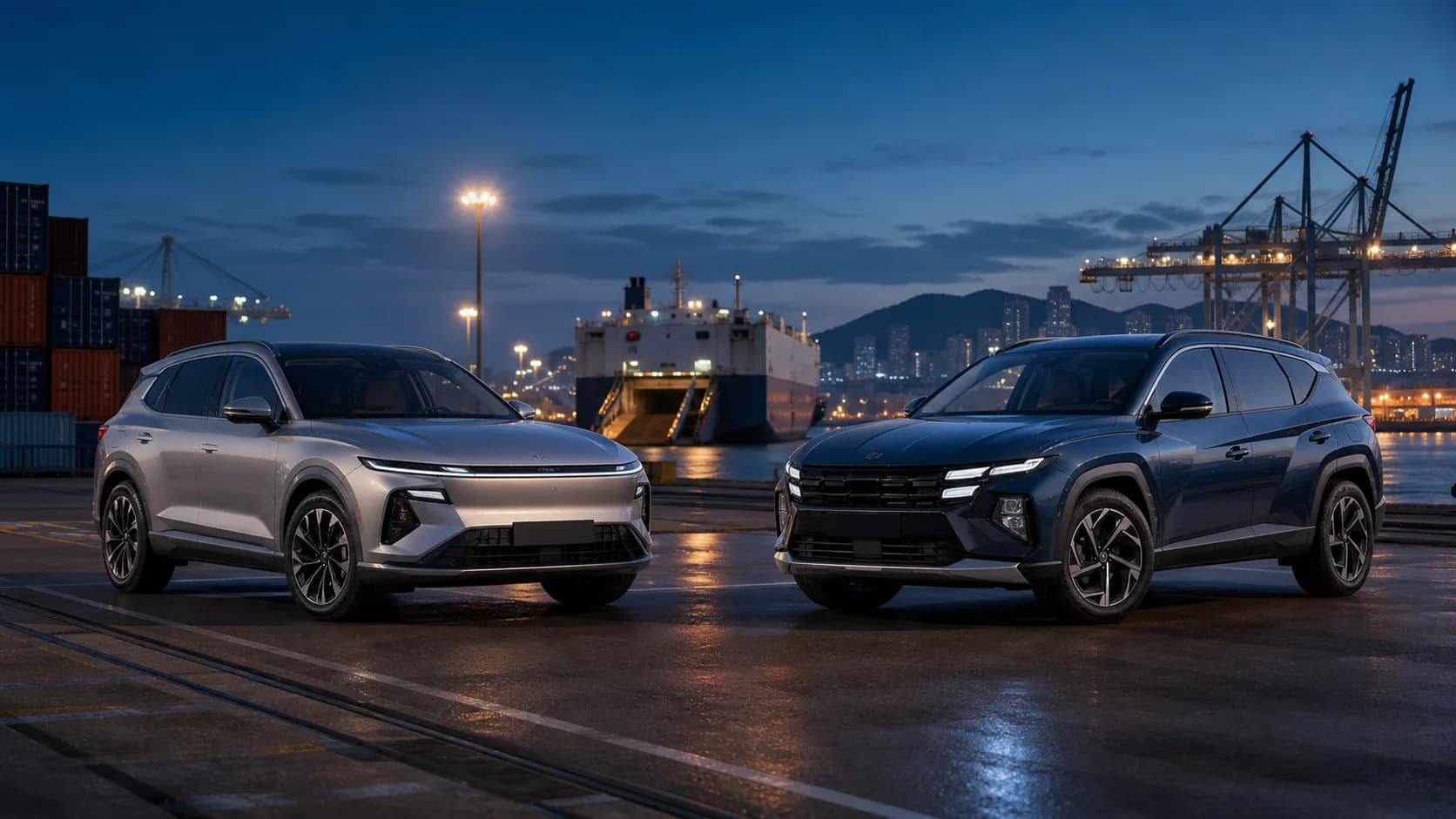Two Korean SUVs at a vehicle export port